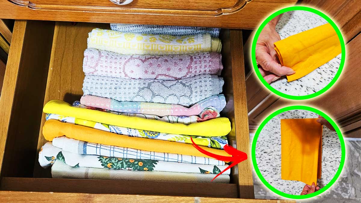 La tecnica salvaspazio per piegare gli strofinacci e tenerli sempre in ordine nei cassetti
