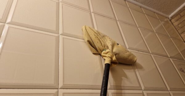 La patina di sapone e calcare che rende opache le mattonelle del bagno