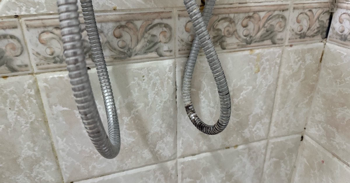 Le macchie nere sul tubo della doccia non vanno via facilmente Le macchie nere sul tubo della doccia non vanno via facilmente